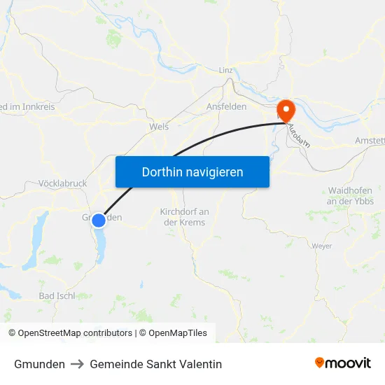 Gmunden to Gemeinde Sankt Valentin map