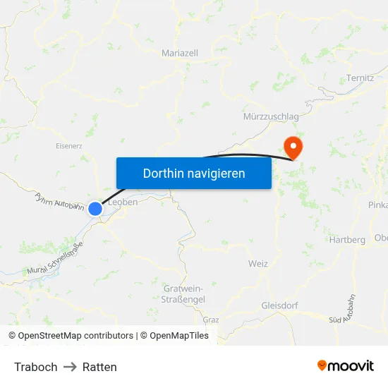 Traboch to Ratten map