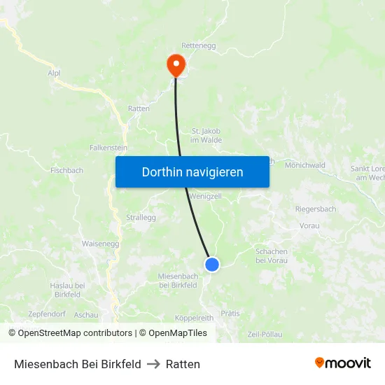 Miesenbach Bei Birkfeld to Ratten map