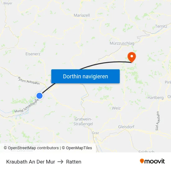 Kraubath An Der Mur to Ratten map