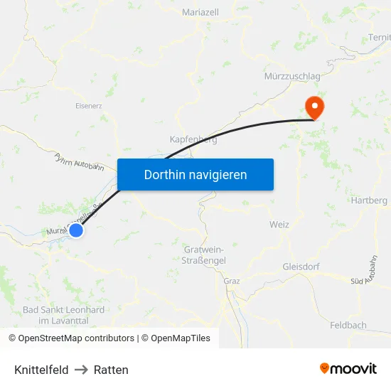 Knittelfeld to Ratten map