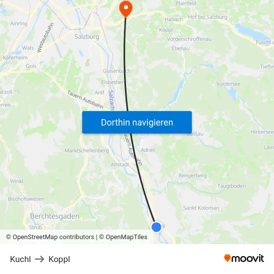 Kuchl to Koppl map