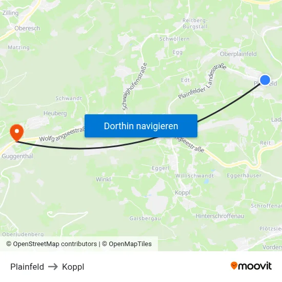 Plainfeld to Koppl map