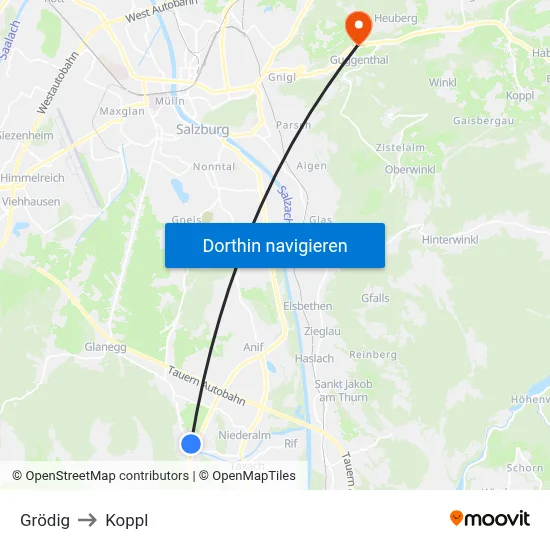 Grödig to Koppl map