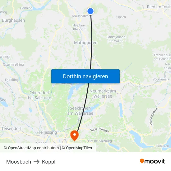Moosbach to Koppl map