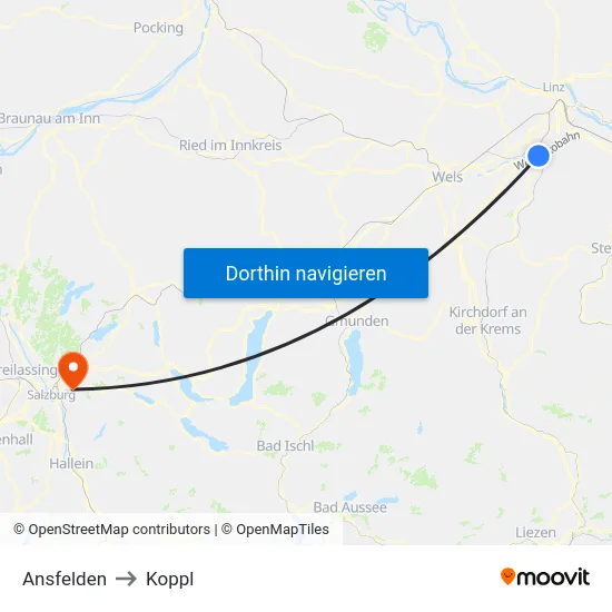 Ansfelden to Koppl map