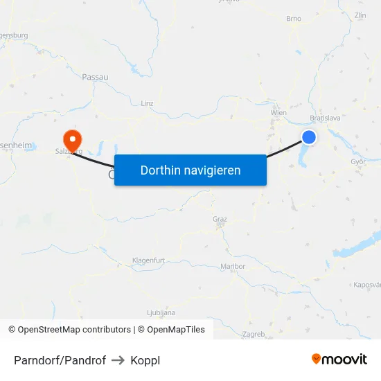 Parndorf/Pandrof to Koppl map