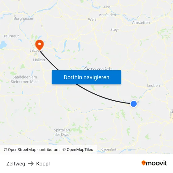 Zeltweg to Koppl map