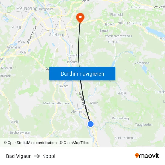 Bad Vigaun to Koppl map