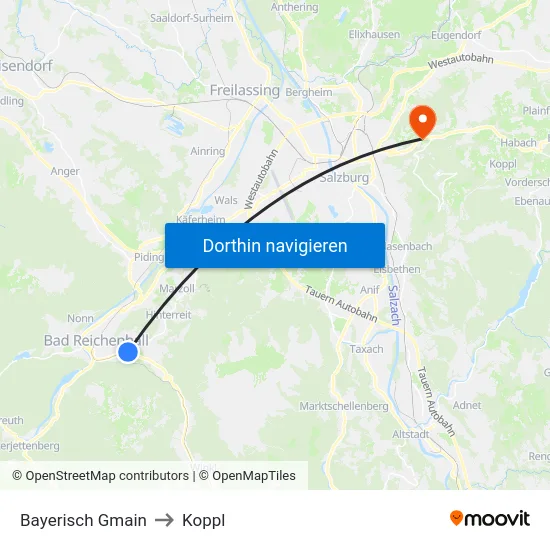 Bayerisch Gmain to Koppl map