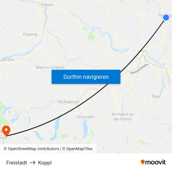 Freistadt to Koppl map