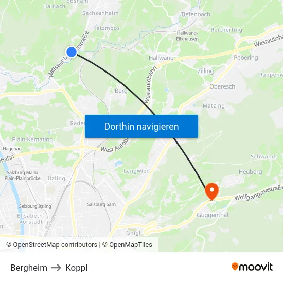 Bergheim to Koppl map