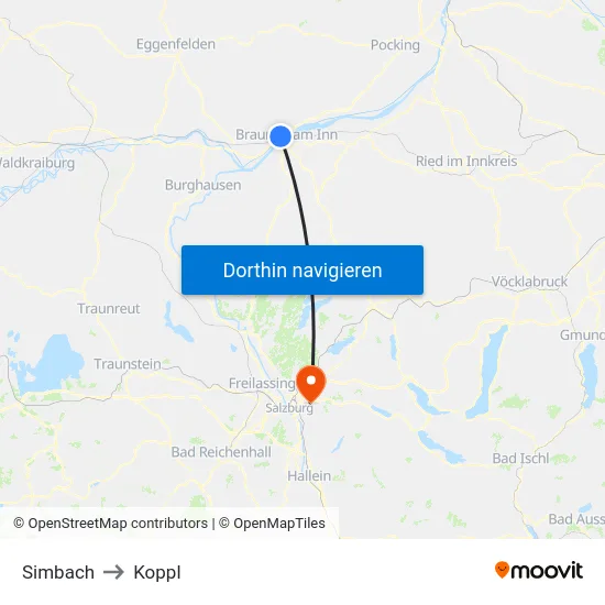 Simbach to Koppl map