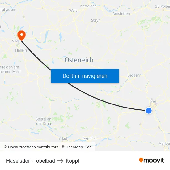 Haselsdorf-Tobelbad to Koppl map