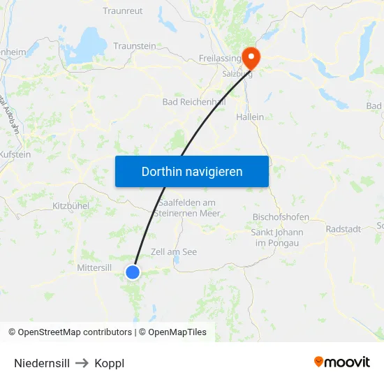 Niedernsill to Koppl map