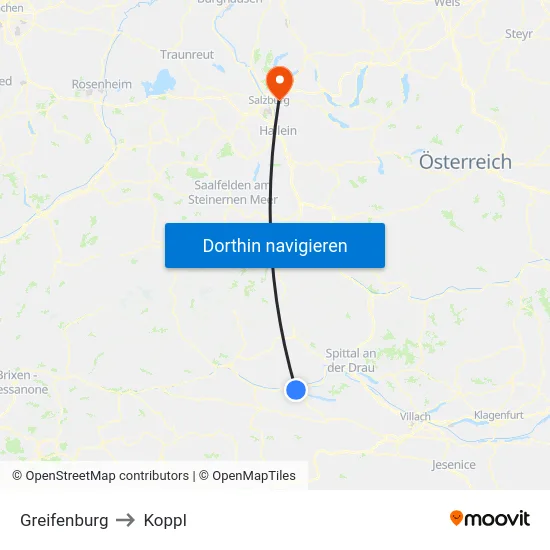 Greifenburg to Koppl map