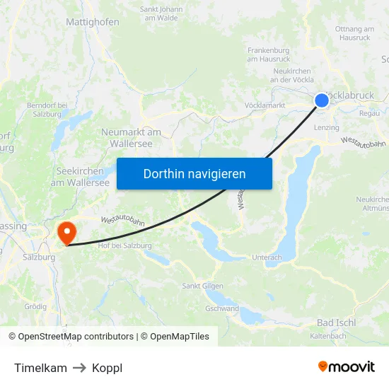 Timelkam to Koppl map