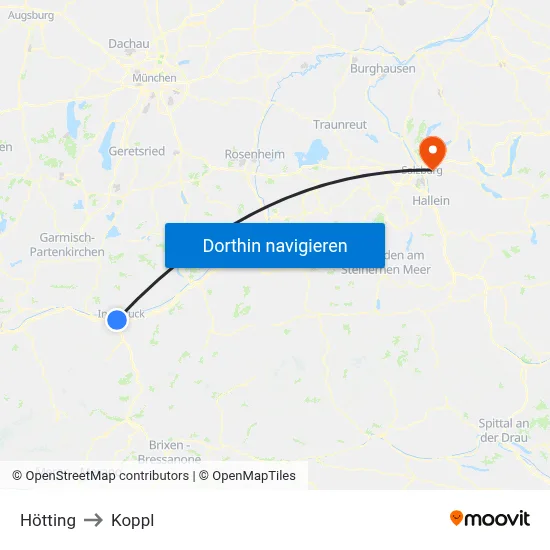 Hötting to Koppl map