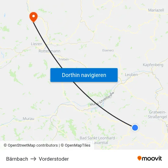 Bärnbach to Vorderstoder map