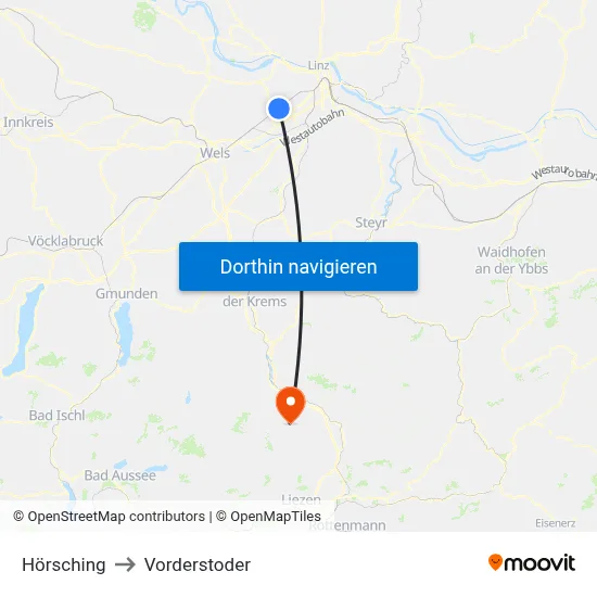 Hörsching to Vorderstoder map