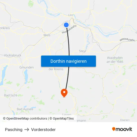 Pasching to Vorderstoder map