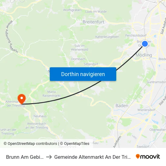 Brunn Am Gebirge to Gemeinde Altenmarkt An Der Triesting map
