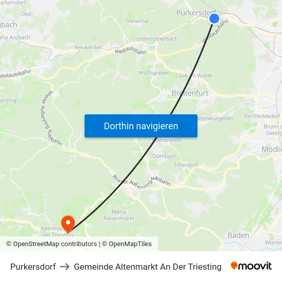 Purkersdorf to Gemeinde Altenmarkt An Der Triesting map