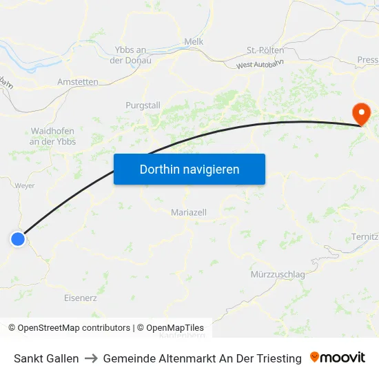 Sankt Gallen to Gemeinde Altenmarkt An Der Triesting map