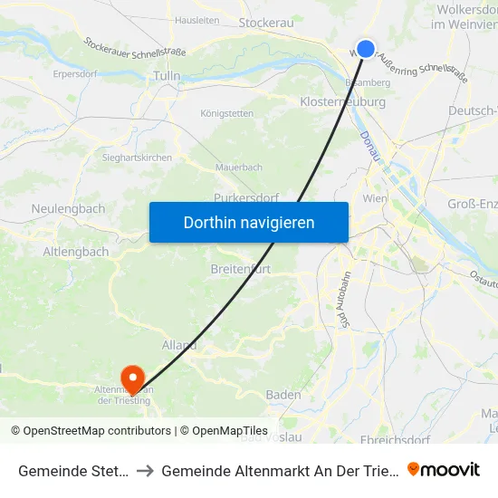 Gemeinde Stetten to Gemeinde Altenmarkt An Der Triesting map