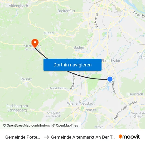 Gemeinde Pottendorf to Gemeinde Altenmarkt An Der Triesting map