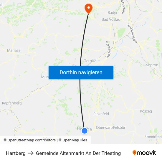 Hartberg to Gemeinde Altenmarkt An Der Triesting map