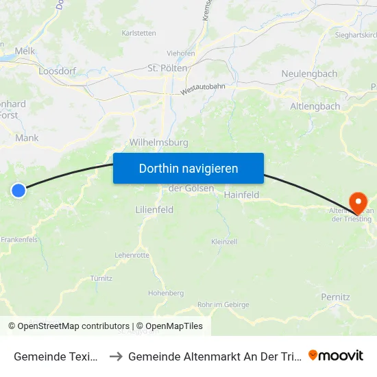 Gemeinde Texingtal to Gemeinde Altenmarkt An Der Triesting map