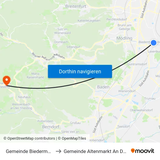 Gemeinde Biedermannsdorf to Gemeinde Altenmarkt An Der Triesting map