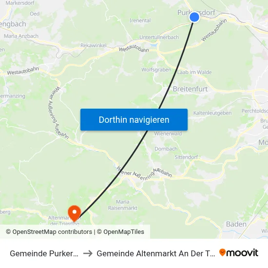 Gemeinde Purkersdorf to Gemeinde Altenmarkt An Der Triesting map