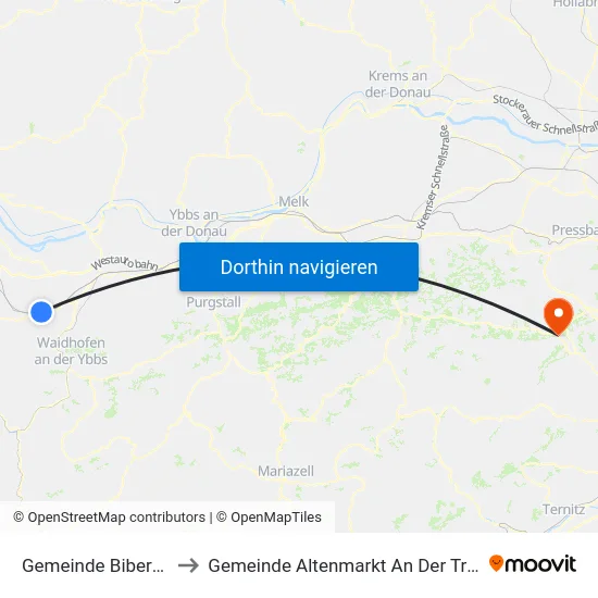 Gemeinde Biberbach to Gemeinde Altenmarkt An Der Triesting map