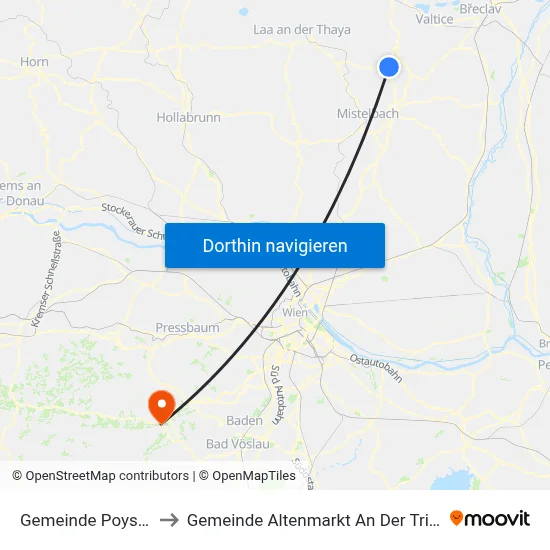 Gemeinde Poysdorf to Gemeinde Altenmarkt An Der Triesting map