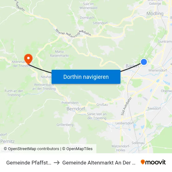Gemeinde Pfaffstätten to Gemeinde Altenmarkt An Der Triesting map