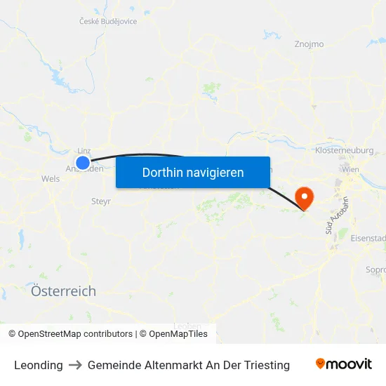 Leonding to Gemeinde Altenmarkt An Der Triesting map