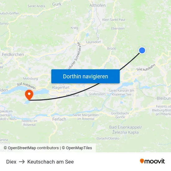 Diex to Keutschach am See map