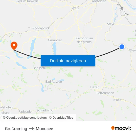 Großraming to Mondsee map