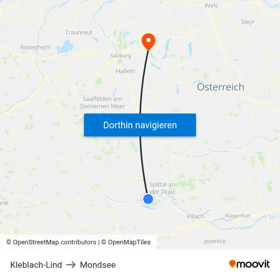 Kleblach-Lind to Mondsee map
