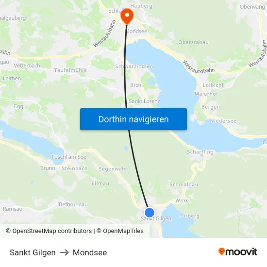 Sankt Gilgen to Mondsee map