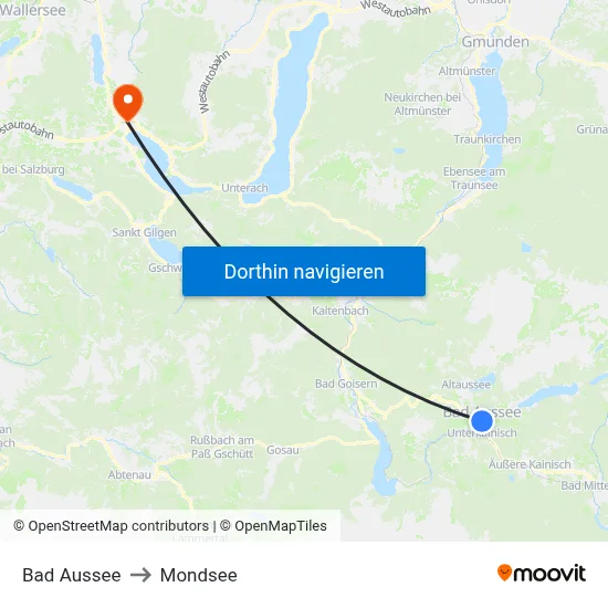 Bad Aussee to Mondsee map