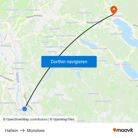 Hallein to Mondsee map