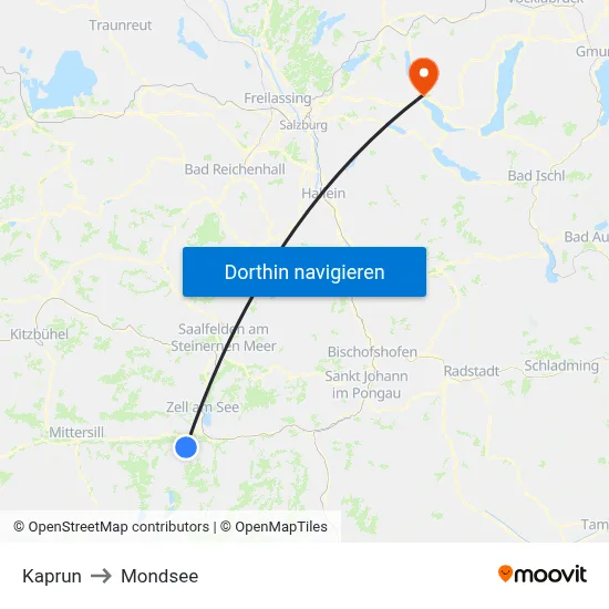 Kaprun to Mondsee map