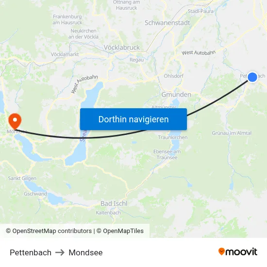 Pettenbach to Mondsee map