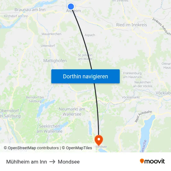 Mühlheim am Inn to Mondsee map