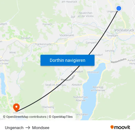 Ungenach to Mondsee map