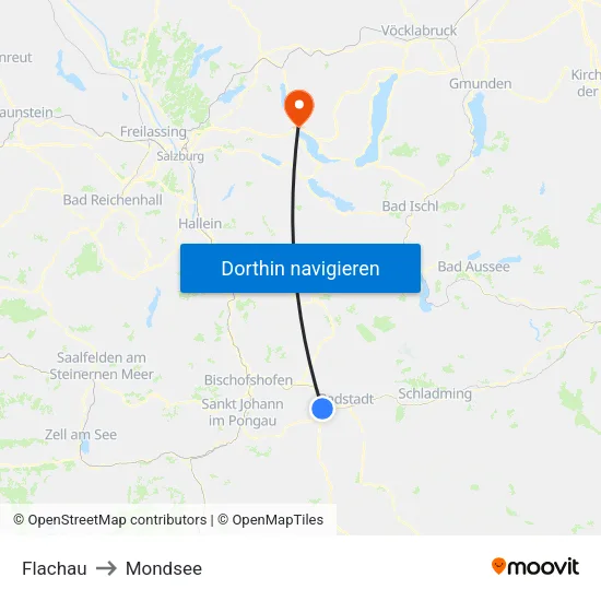 Flachau to Mondsee map