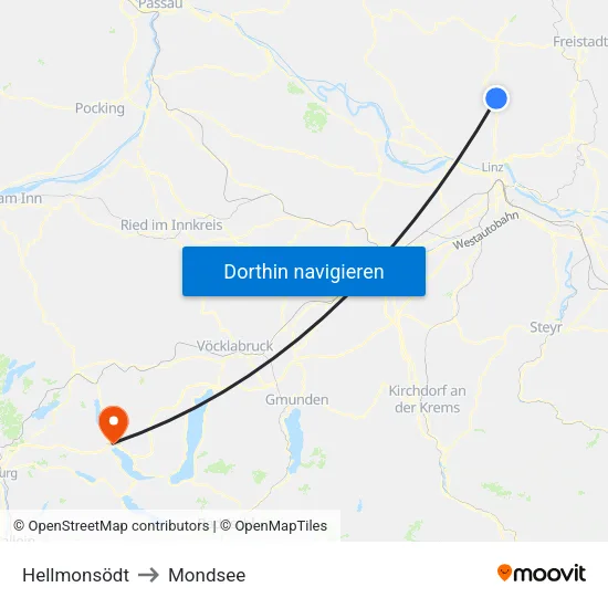 Hellmonsödt to Mondsee map